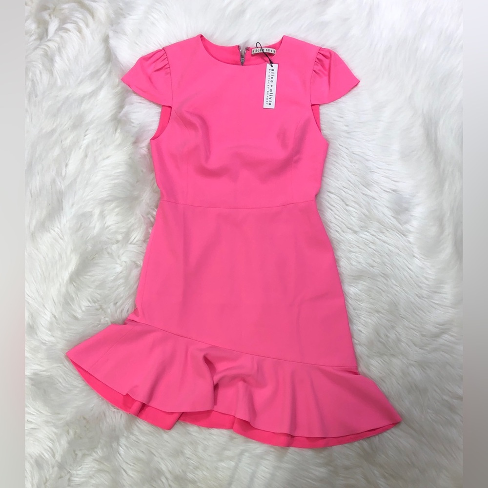 NWT Alice + Olivia Fable Asymmetrical Ruffle Short-Sleeve Dress Hot Pink